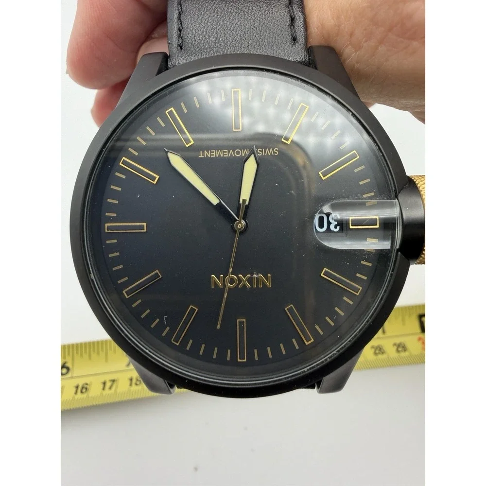 Nixon The Chronicle A127001 Magnified Date Black Men's Watch Leather Band